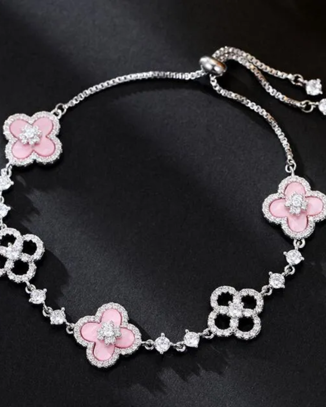 Pink Lucky Clover Bracelets Women Plated Flower Crystal Chain Charm