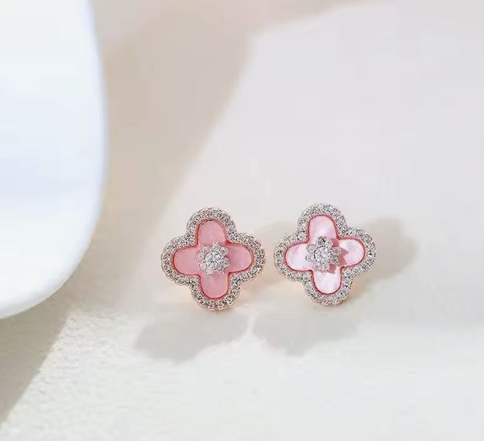 Pink Lucky Clover Earring Women Plated Flower Crystal Chain Charm
