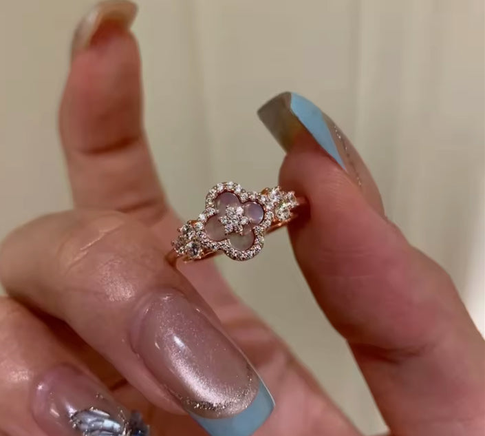 Rose Gold Lucky Clover Ring Women Plated Flower Crystal Chain Charm