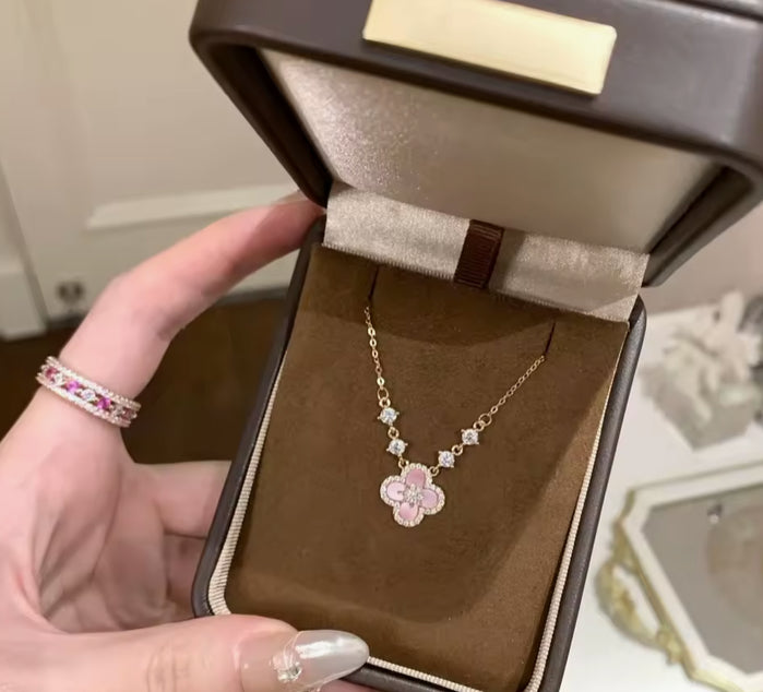 Rose Gold Lucky Clover Necklace Women Plated Flower Crystal Chain Charm