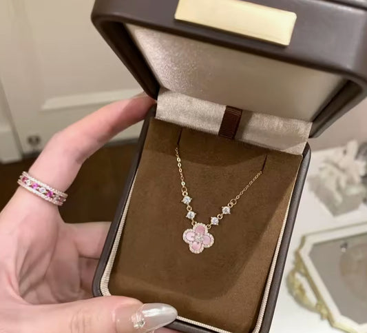 Rose Gold Lucky Clover Necklace Women Plated Flower Crystal Chain Charm