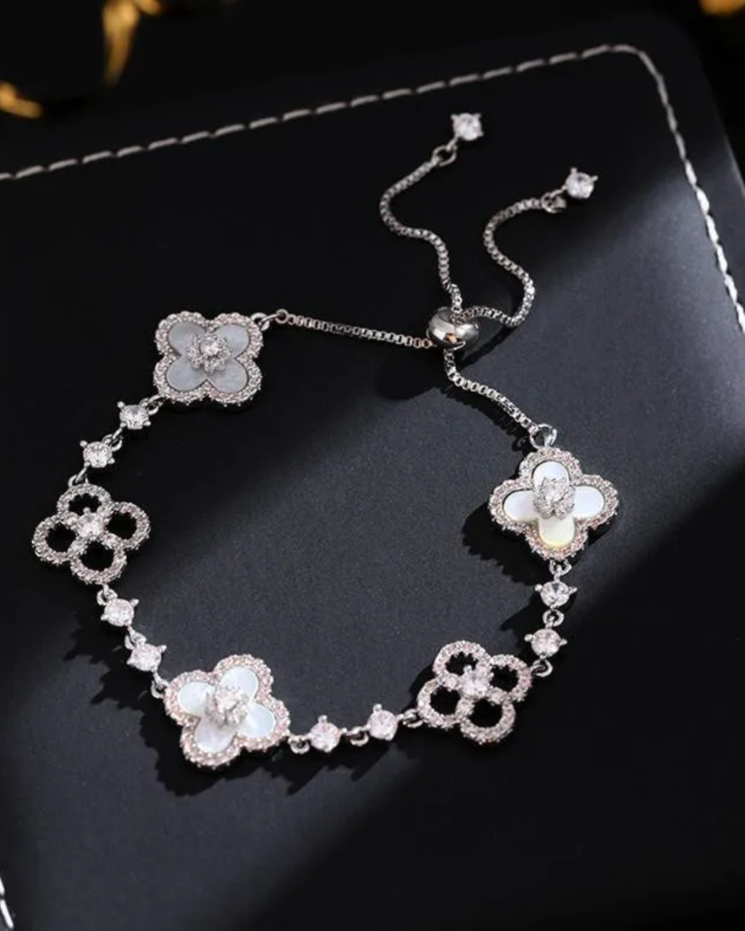 Silver Lucky Clover Bracelets Women Plated Flower Crystal Chain Charm