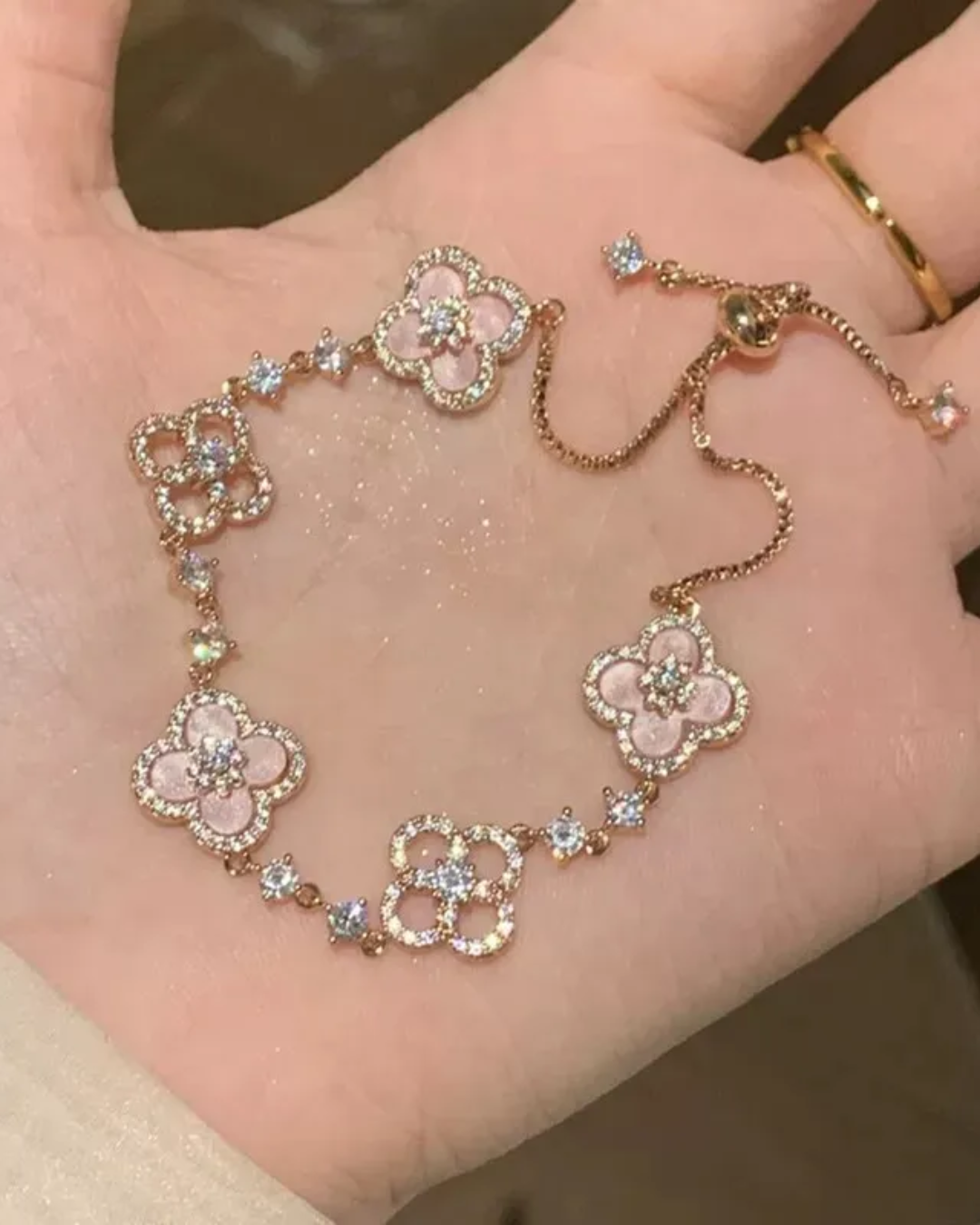 Rose Gold Lucky Clover Bracelets Women Plated Flower Crystal Chain Charm