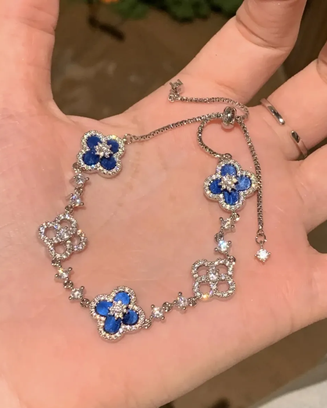 Blue Lucky Clover Bracelets Women Plated Flower Crystal Chain Charm